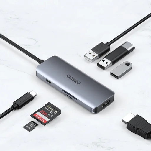 Choetech 7in1 USB Type-C HUB - 3x USB 3.2 Gen 1 / SD és TF kártyaolvasó / HDMI 4K@30Hz / USB Type-C szürke (HUB-M19) - 7
