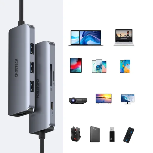 Choetech 7in1 USB Type-C HUB - 3x USB 3.2 Gen 1 / SD és TF kártyaolvasó / HDMI 4K@30Hz / USB Type-C szürke (HUB-M19) - 2