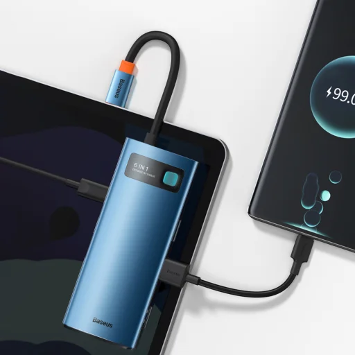 Baseus Adapter HUB - Type-C - 3x USB3.0 + 1x HDMI 4K + Type-C PD 100W + RJ45 (WKWG000003) Kék - 8