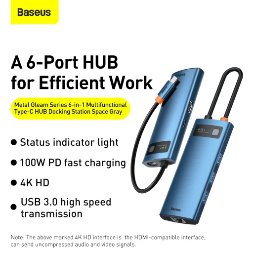 Baseus Adapter HUB - Type-C - 3x USB3.0 + 1x HDMI 4K + Type-C PD 100W + RJ45 (WKWG000003) Kék - 3