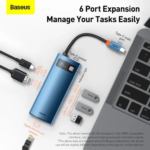Baseus Adapter HUB - Type-C - 3x USB3.0 + 1x HDMI 4K + Type-C PD 100W + RJ45 (WKWG000003) Kék - 15