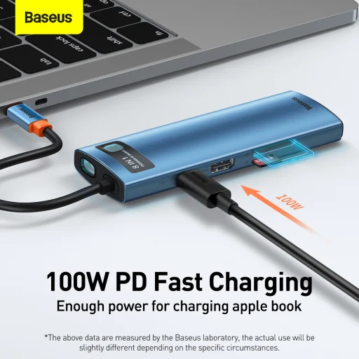 Baseus Adapter HUB - Type-C - 3x USB3.0 + 1x HDMI 4K + Type-C PD 100W + RJ45 + SD + MicroSD (WKWG000103) Kék - 9