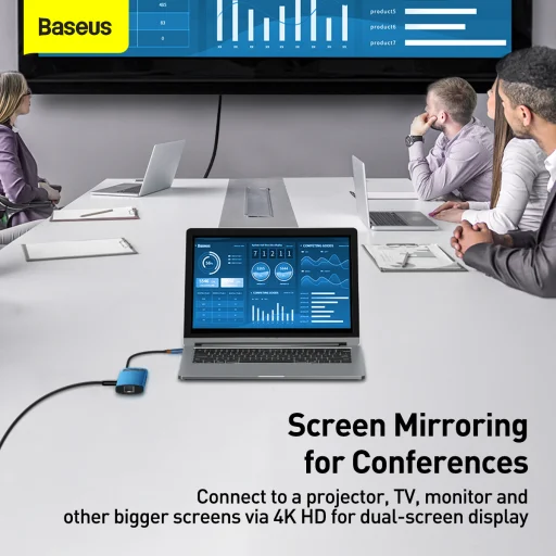 Baseus Adapter HUB - Type-C - 3x USB3.0 + 1x HDMI 4K + Type-C PD 100W + RJ45 + SD + MicroSD (WKWG000103) Kék - 10