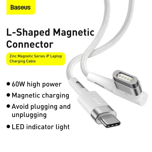 Baseus Zinc Magnetic USB Type-C - Apple Laptop L-alakú mágneses fej töltő kábel 60W 2m (CATXC-W02) fehér - 15