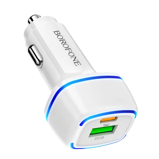 Borofone BZ14A Univerzális autós töltő USB + Type-C - QC 3.0 PD 20W 3A + Type-C - Lightning kábel fehér - 2
