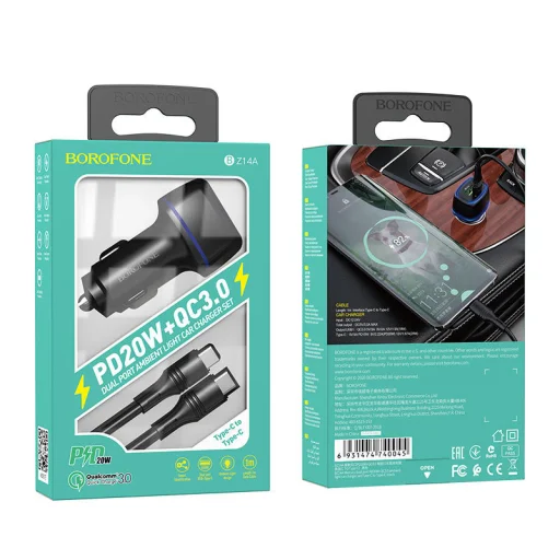 Borofone BZ14A Univerzális autós töltő USB + Type-C - QC 3.0 PD 20W 3A + Type-C - Type-C kábel fekete - 7