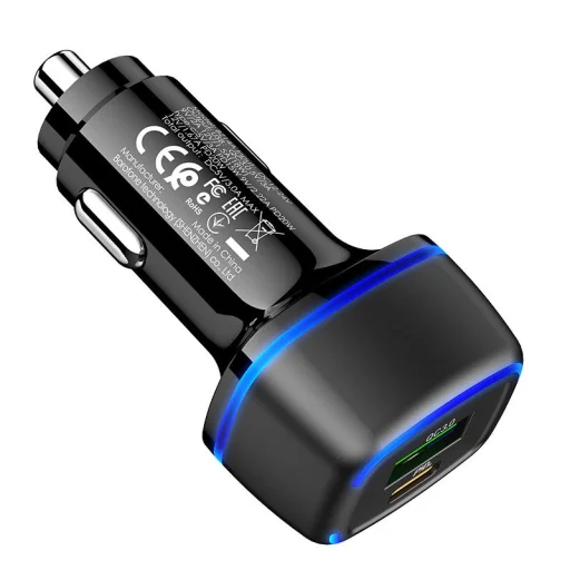 Borofone BZ14A Univerzális autós töltő USB + Type-C - QC 3.0 PD 20W 3A + Type-C - Lightning kábel fekete - 8