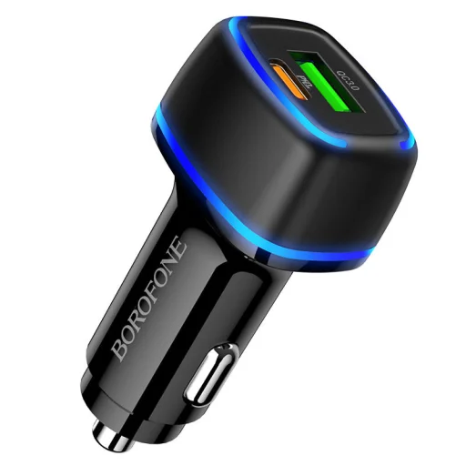 Borofone BZ14A Univerzális autós töltő USB + Type-C - QC 3.0 PD 20W 3A + Type-C - Lightning kábel fekete - 4