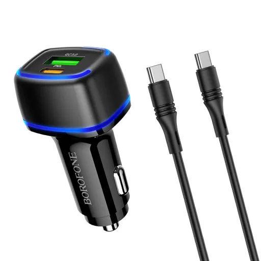 Borofone BZ14A Univerzális autós töltő USB + Type-C - QC 3.0 PD 20W 3A + Type-C - Type-C kábel fekete - 3