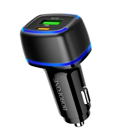 Borofone BZ14A Univerzális autós töltő USB + Type-C - QC 3.0 PD 20W 3A + Type-C - Lightning kábel fekete - 6