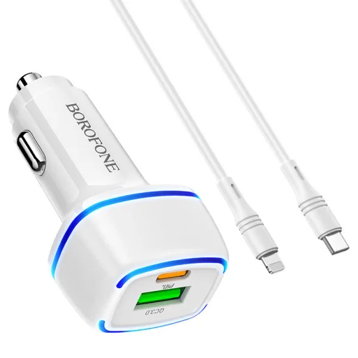 Borofone BZ14A Univerzális autós töltő USB + Type-C - QC 3.0 PD 20W 3A + Type-C - Lightning kábel fehér - 5