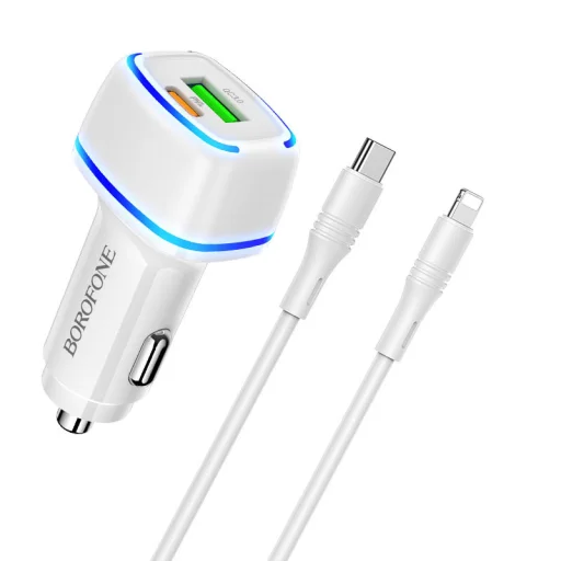 Borofone BZ14A Univerzális autós töltő USB + Type-C - QC 3.0 PD 20W 3A + Type-C - Lightning kábel fehér - 1