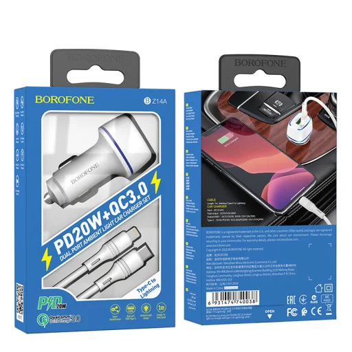 Borofone BZ14A Univerzális autós töltő USB + Type-C - QC 3.0 PD 20W 3A + Type-C - Lightning kábel fehér - 3