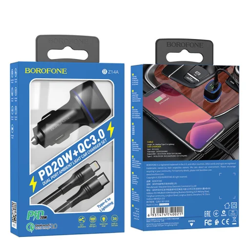 Borofone BZ14A Univerzális autós töltő USB + Type-C - QC 3.0 PD 20W 3A + Type-C - Lightning kábel fekete - 5