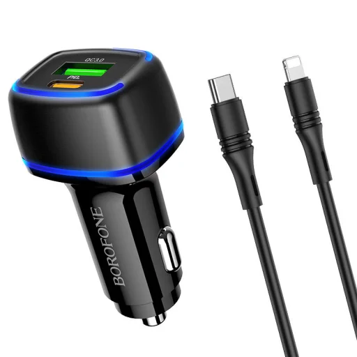 Borofone BZ14A Univerzális autós töltő USB + Type-C - QC 3.0 PD 20W 3A + Type-C - Lightning kábel fekete - 1