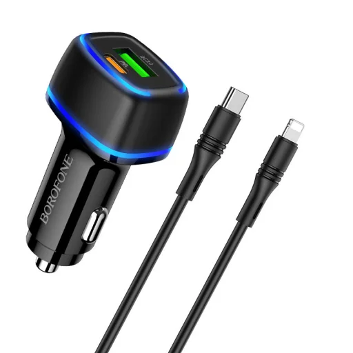 Borofone BZ14A Univerzális autós töltő USB + Type-C - QC 3.0 PD 20W 3A + Type-C - Lightning kábel fekete - 2