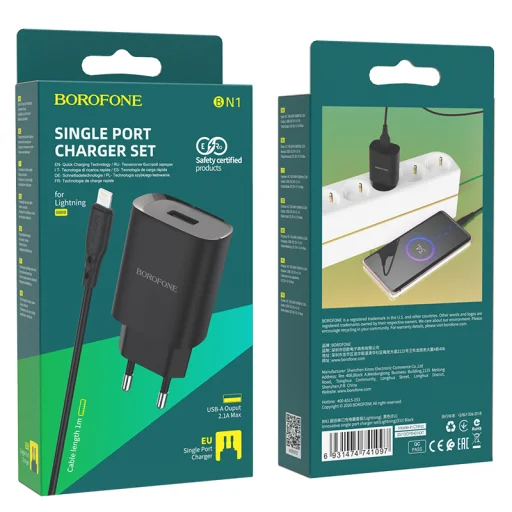 Borofone BN1 Hálózati töltő adapter USB 2.1A + Lightning kábel fekete - 5