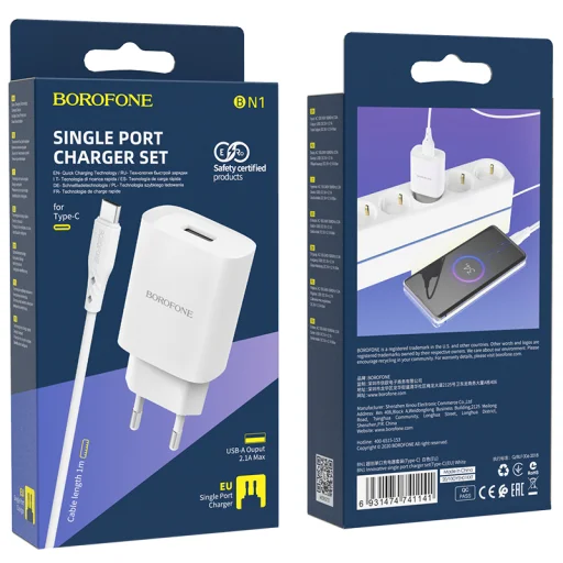 Borofone BN1 Hálózati töltő adapter USB 2.1A + USB Type-C kábel fehér - 6