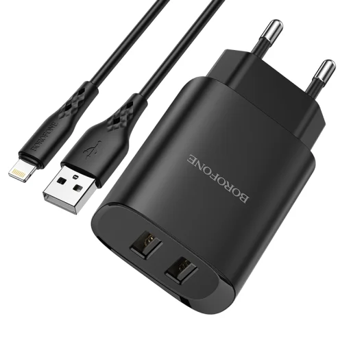 Borofone BN2 Hálózati töltő adapter 2x USB 2.1A + Lightning kábel fekete - 1