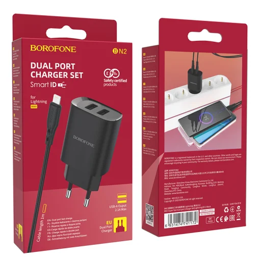 Borofone BN2 Hálózati töltő adapter 2x USB 2.1A + Lightning kábel fekete - 4