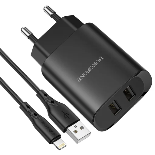 Borofone BN2 Hálózati töltő adapter 2x USB 2.1A + Lightning kábel fekete - 5