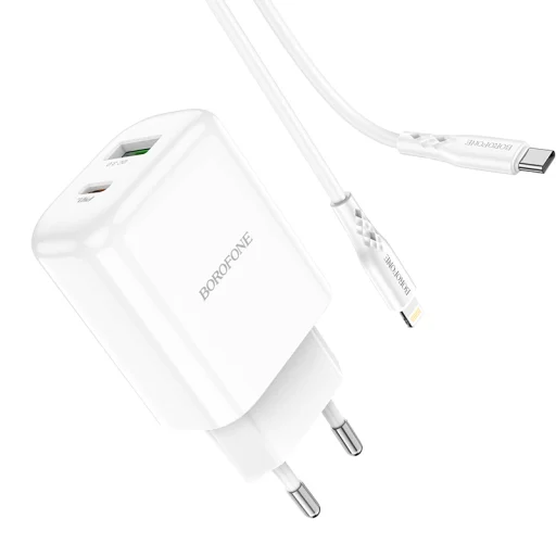 Borofone BN4 Hálózati töltő adapter USB + USB Type-C QC 3.0 PD 2.0 20W + USB Type-C - Lightning kábel fehér - 7