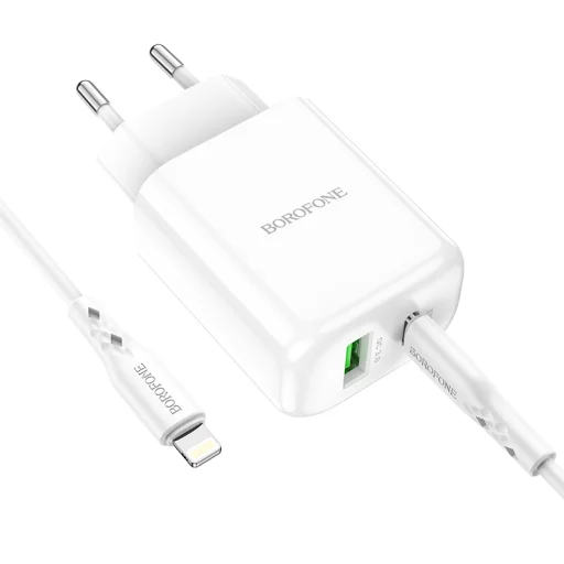 Borofone BN4 Hálózati töltő adapter USB + USB Type-C QC 3.0 PD 2.0 20W + USB Type-C - Lightning kábel fehér - 8