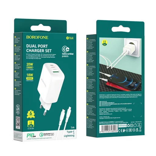 Borofone BN4 Hálózati töltő adapter USB + USB Type-C QC 3.0 PD 2.0 20W + USB Type-C - Lightning kábel fehér - 3