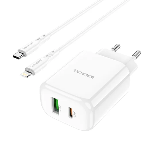 Borofone BN4 Hálózati töltő adapter USB + USB Type-C QC 3.0 PD 2.0 20W + USB Type-C - Lightning kábel fehér - 5