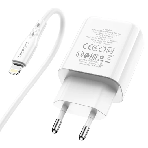 Borofone BN4 Hálózati töltő adapter USB + USB Type-C QC 3.0 PD 2.0 20W + USB Type-C - Lightning kábel fehér - 6