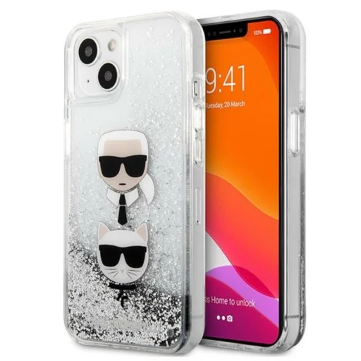 iPhone 13 Karl Lagerfeld Liquid Glitter Karl és Choupette Head tok ezüst (KLHCP13MKICGLS) - 1
