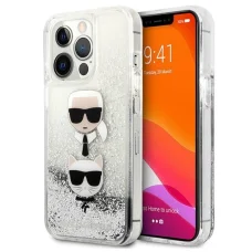 iPhone 13 Pro Karl Lagerfeld Liquid Glitter Karl és Choupette Head tok ezüst (KLHCP13LKICGLS)