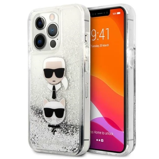 iPhone 13 Pro Karl Lagerfeld Liquid Glitter Karl és Choupette Head tok ezüst (KLHCP13LKICGLS) - 1