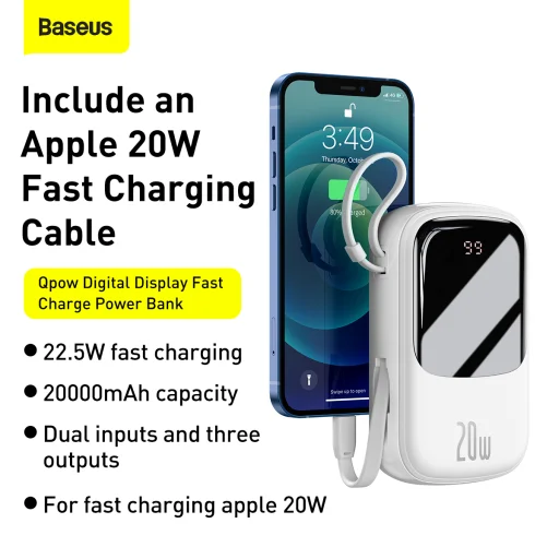 Baseus Qpow powerbank 20000mAh 20W PD 3.0 QC 3.0 USB + USB Type-C integrált Lightning kábellel fekete (PPQD-H02) - 5