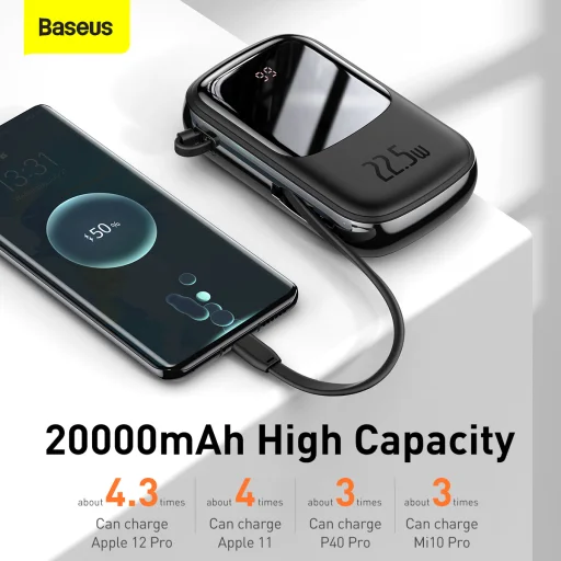 Baseus Qpow powerbank 20000mAh 22.5W PD 3.0 QC 3.0 USB + USB Type-C integrált USB Type-C kábellel fekete (PPQD-I01) - 7