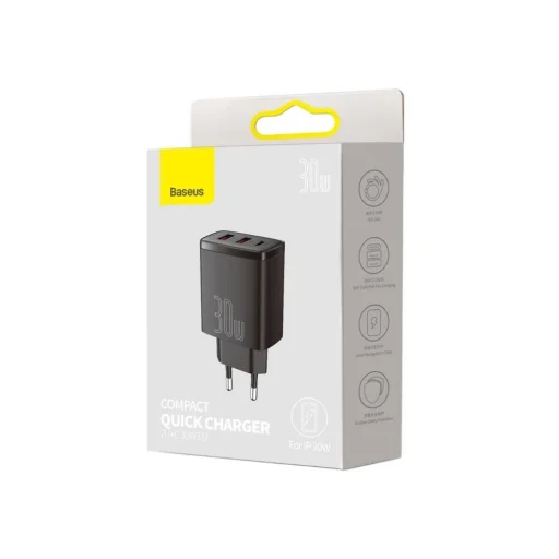Baseus Compact fali töltő adapter 2xUSB + Type C PD 3.0 QC 3.0 30W 3A fekete - 6