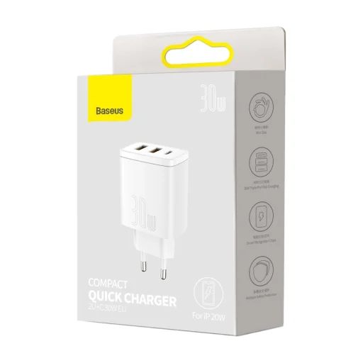 Baseus Compact fali töltő adapter 2xUSB + Type C PD 3.0 QC 3.0 30W 3A fehér - 8