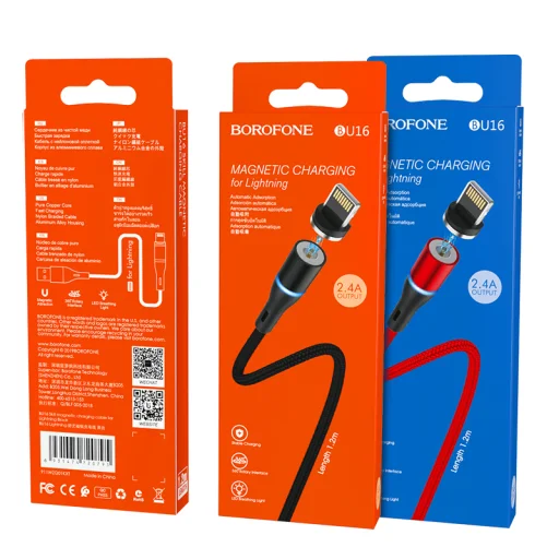 Borofone BU16 Mágneses USB - Lightning kábel 2.4A 1.2 m piros - 3