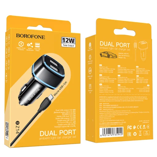 Borofone B14 Max Szivargyújtós töltő 2x USB, 2.4A + Micro USB kábel fekete - 5