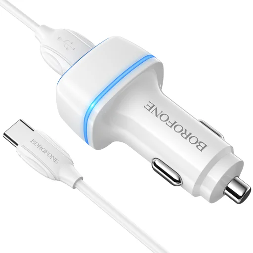 Borofone B14 Max Szivargyújtós töltő 2x USB, 2.4A + USB Type-C kábel fehér - 1