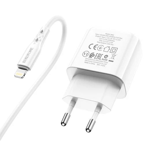 Borofone BN3 Hálózati USB töltő USB Type-C QC 3.0 PD 2.0 20W + Lightning kábel fehér - 2