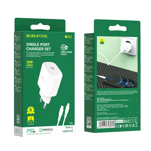 Borofone BN3 Hálózati USB töltő USB Type-C QC 3.0 PD 2.0 20W + Lightning kábel fehér - 3