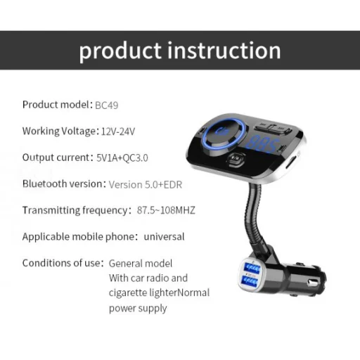 Bluetooth BC49AQ FM Transmitter (Bluetooth 5.0 + EDR + microSD + USB) Töltés funkcióval 2x USB 2.4A QC 3.0 Quick Charge fekete - 10