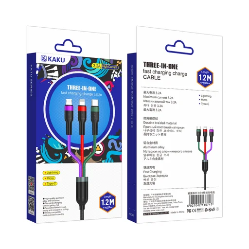 Kaku Yatu 3in1 kábel USB - Lightning, Micro USB, USB Type-C 3.2A 1.2m fekete - 7