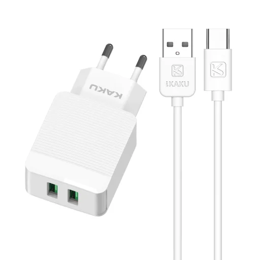Kaku Hayoi Hálózati töltő adapter 2x USB - 12W 2.4A + USB Type-C kábel fehér - 8
