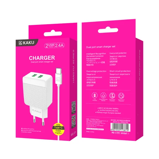 Kaku Hayoi Hálózati töltő adapter 2x USB - 12W 2.4A + USB Type-C kábel fehér - 7