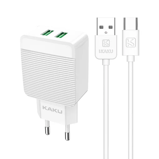 Kaku Hayoi Hálózati töltő adapter 2x USB - 12W 2.4A + USB Type-C kábel fehér - 1