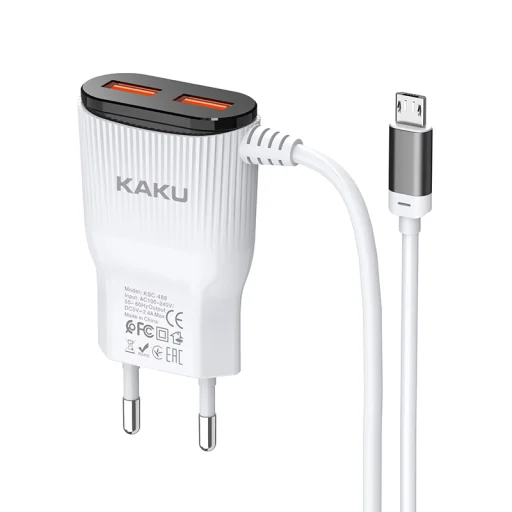 Kaku Hongtai Hálózati töltő adapter 2x USB - 2.4A integrált Micro USB kábellel fehér - 1