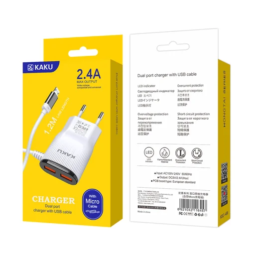 Kaku Hongtai Hálózati töltő adapter 2x USB - 2.4A integrált Micro USB kábellel fehér - 7