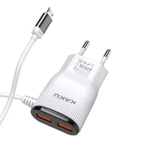 Kaku Hongtai Hálózati töltő adapter 2x USB - 2.4A integrált Micro USB kábellel fehér - 8